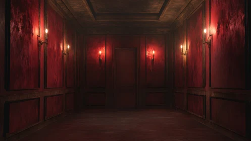 Dim scarlet corridor with closed central door and wall sconces