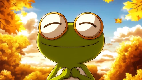 Smiling cartoon frog in golden autumn landscape illustration.