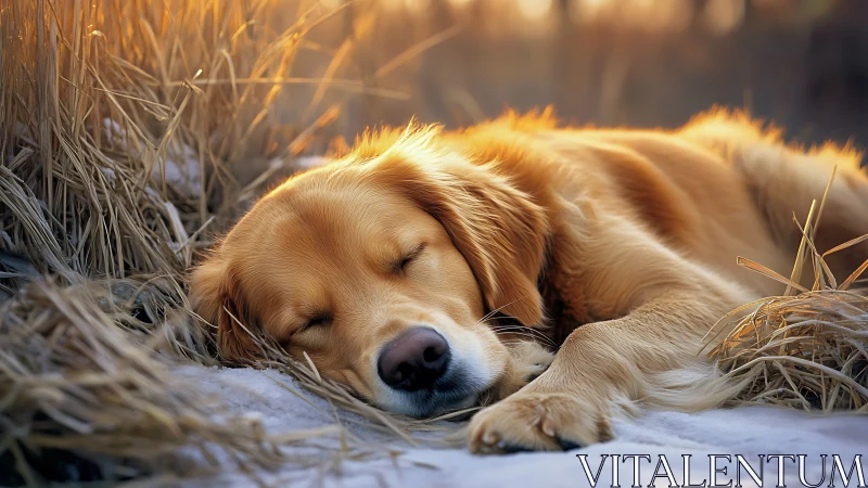 Golden retriever drifts into sunset dreams on winter straw.