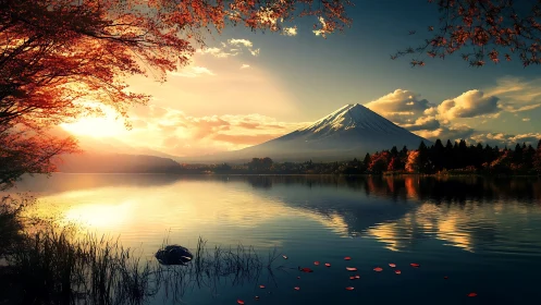 Golden sunset bathes tranquil lake beneath snow peak