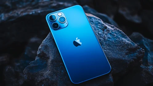 Brilliant Blue iPhone Pro Gleaming on Moody Stone.