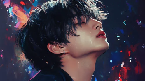 Side-lit portrait of wistful youth amid abstract colors.