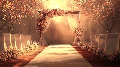 Sunlit floral wedding aisle renders romantic ceremonial depth