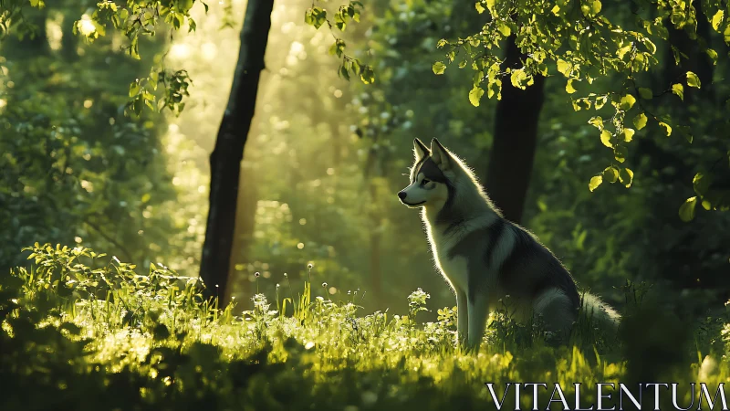 Gentle husky resting in a golden forest morning glow.