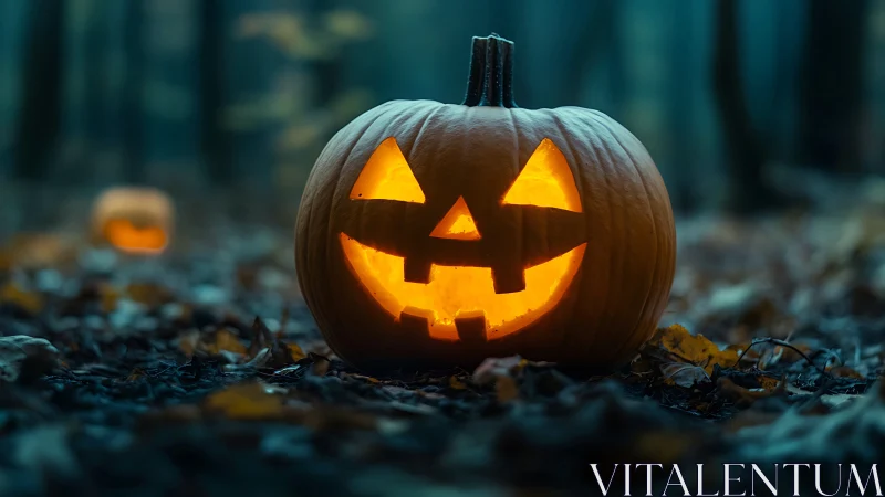 Glowing jack-o&rsquo;-lantern lights misty forest floor at dusk.