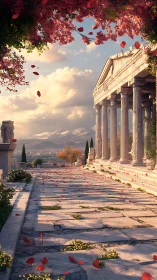 Sunlit ancient colonnade wrapped in soft rose petals.
