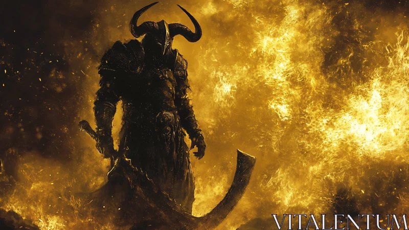 Infernal horned warlord emerging through molten flames.