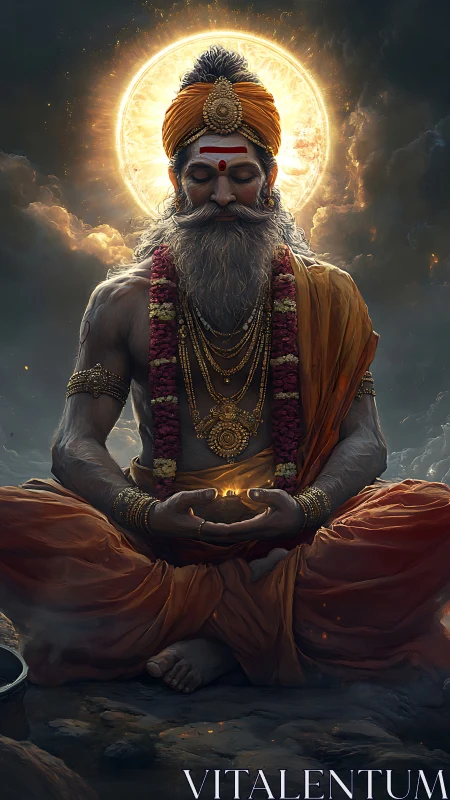 Radiant sage in deep meditation holds a gentle inner light