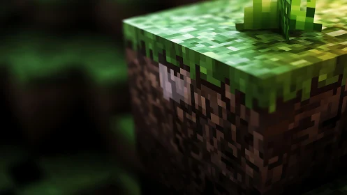 Pixelated grass block glows softly in stylized game world