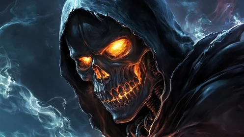 Flaming skull reaper emerges from swirling blue shadows