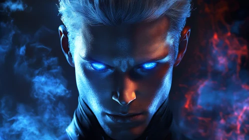 Frozen fire-eyed antihero stalks through electric twilight.