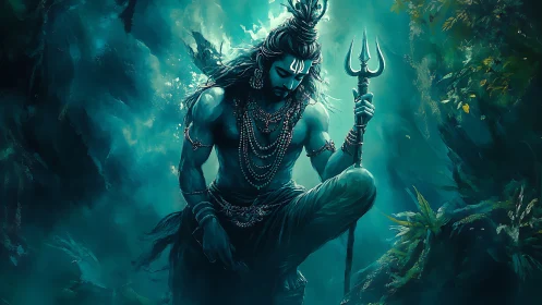 Divine ascetic with trident amid teal mystical forest.