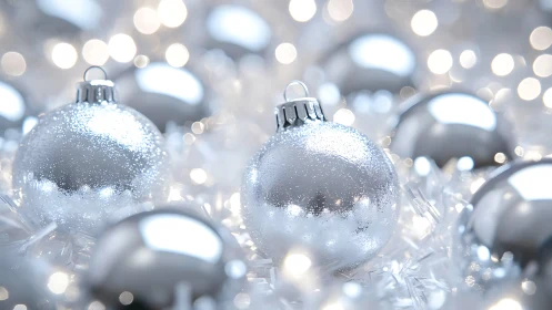 High-key macro of reflective silver baubles with shallow depth of field