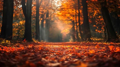 Autumn Forest Path Golden Light Tunnel.