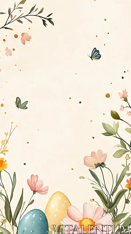 Pastel meadow brunch with shy Easter eggs and butterflies.