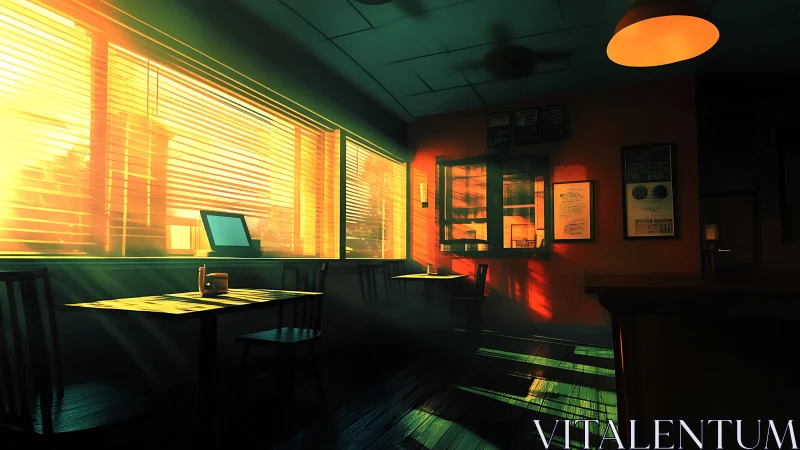 Low-angle sunlight casts volumetric rays across empty café interior