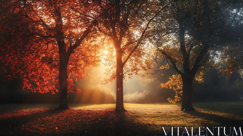 Backlit autumn trees form radiant canopy in misty park