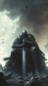 Brooding armored knight with sword amid stormlit ruins.