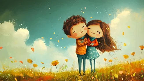 Two Children Share a Joyful Embrace in a Sunlit Meadow