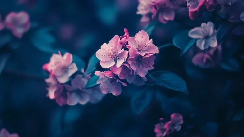 Pink Flowers in Twilight Glow. Soft petals bloom against deep blue.