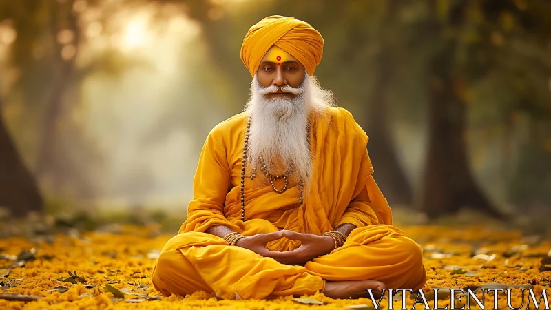 Saffron-robed elder meditating in golden forest light.
