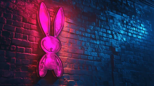 Neon pink bunny sign glowing on blue brick alley wall.