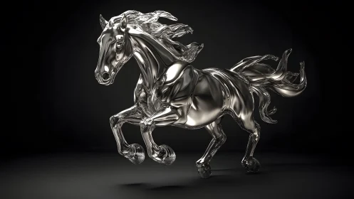 Shiny Metallic Horse Sculpture in Motion on Dark Background.