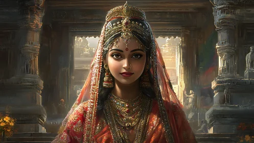 Royal Indian bride portrait in ornate temple courtyard light