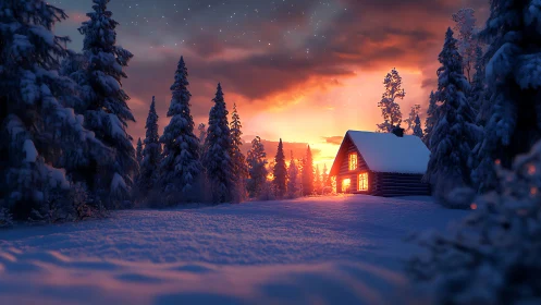 Snowy forest cabin glows warmly under vivid sunset sky