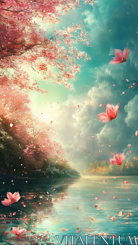 Blossom laden riverbank reflects soft light under drifting petals