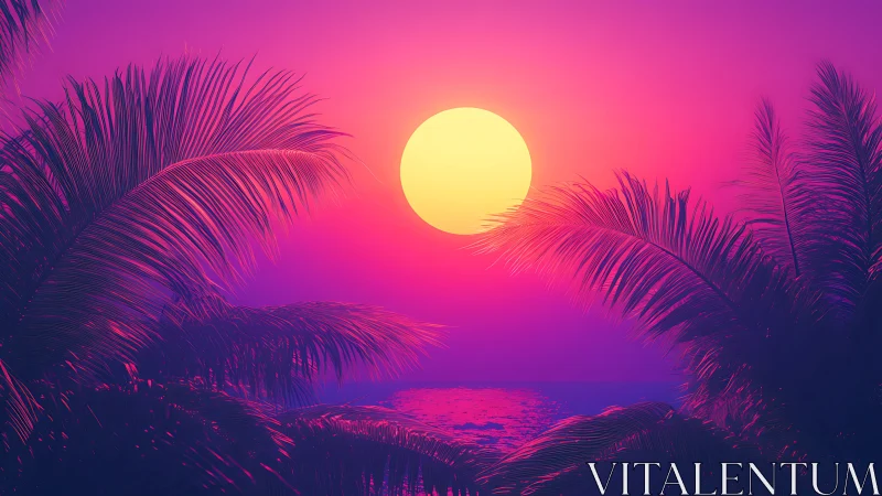 Neon tropical sunset with glowing sun over calm ocean.
