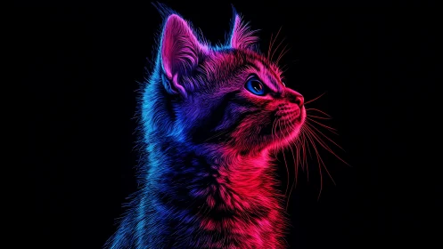 Neon-lit feline profile glows in vivid electric colors.