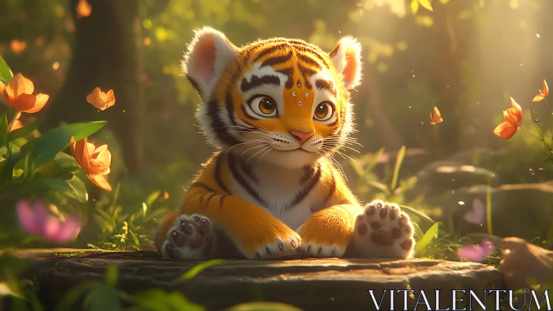 Cute stylized tiger cub resting on stone in soft forest light.
