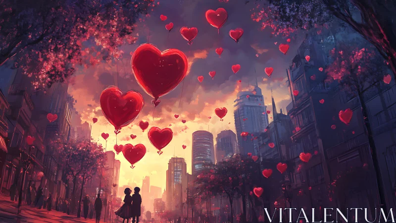 Neon Hearts Ascending Above Futuristic Cityscape.