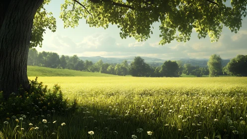 Golden meadow rests beneath a generous shade tree at noon