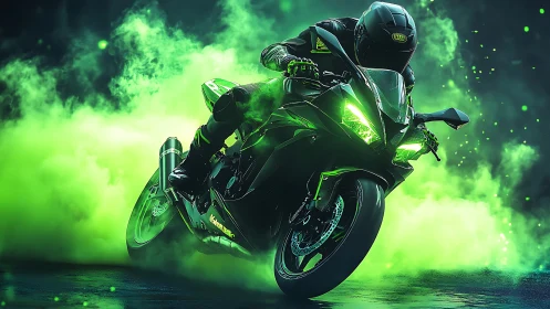 Neon green superbike slices through glowing urban smoke.