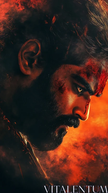 Fierce warrior portrait against blazing inferno backdrop.