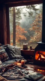 Cozy cabin window nook with firelit knits and forest view.
