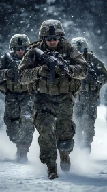 Soldiers advancing through deep snow in full winter gear.