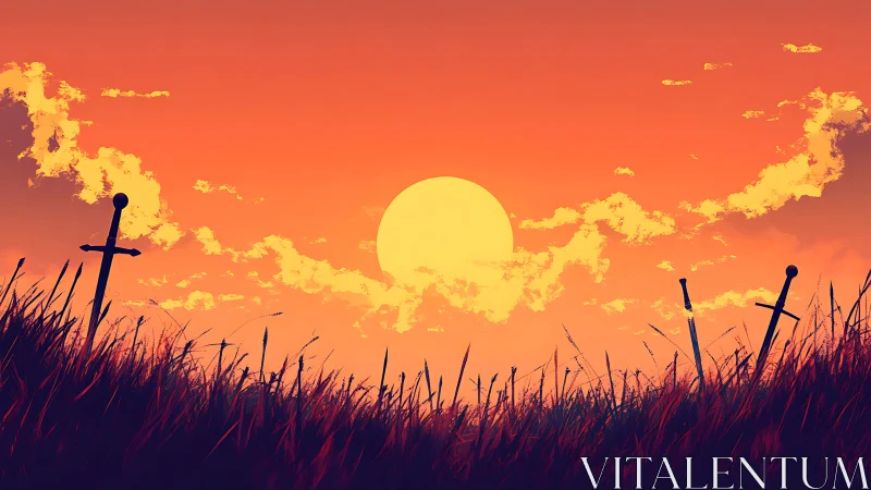 Swords pierce battlefield grass under blazing orange sunset