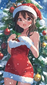 Snowlit anime Santa girl framed by playful Christmas tree.