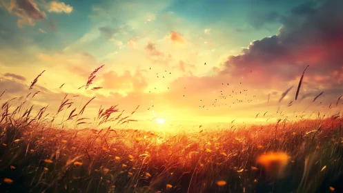 Sunset light over grass field with clouds and birds.