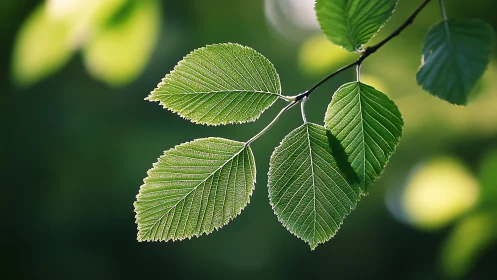 Close-up of Green Leaves on a Branch in Sunlight, Nature Photography.