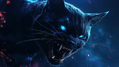Snarling black cat with glowing blue eyes in dark light.
