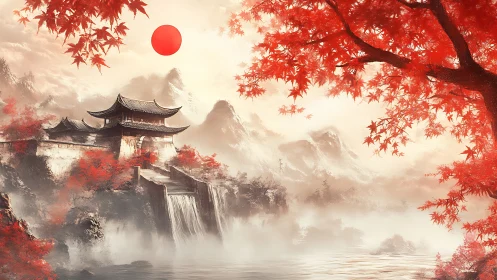 Tranquil red maple temple by misty mountains and soft sun.
