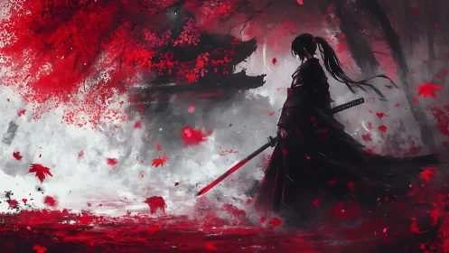 Digital painting of lone samurai amid crimson maple storm.