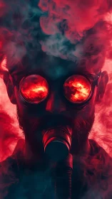 Cyberpunk gas mask portrait with burning neon goggles.