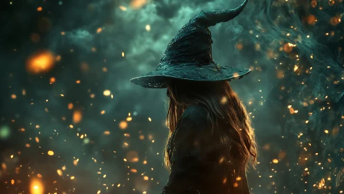 Figure in pointed hat stands amid drifting sparks and smoke