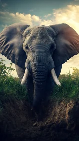 Elephant walking through narrow earthy trench at sunset.