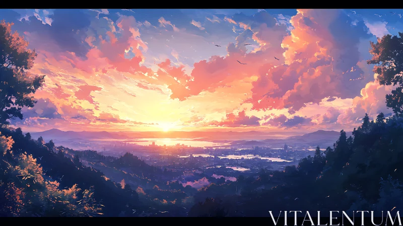 Sunset sky illuminates distant cityscape beyond forest hills.